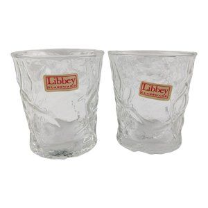 Vintage Set of 2 Libbey Glassware Clear Crinkle Glass Old Fashioned